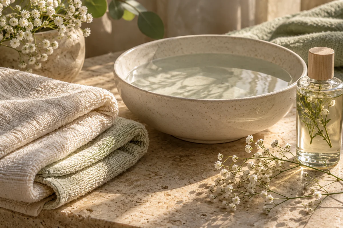 An illustrative self-care scene with linen towels, a ceramic bowl and botanical oil